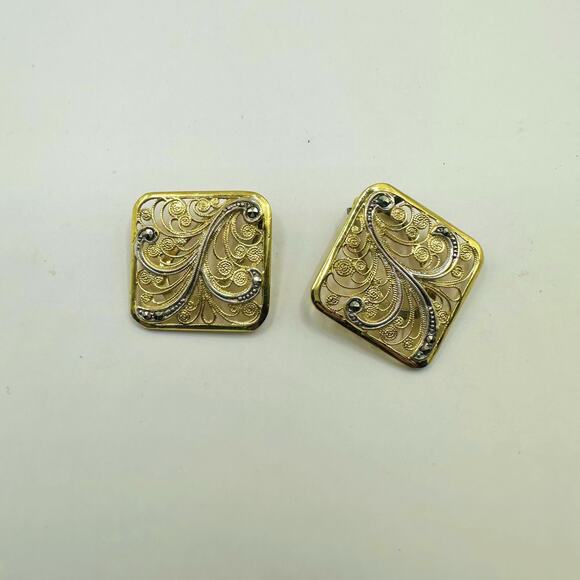Gold Vermeil Filigree Clip On Vintage Earrings Marked SILVER TIKA Stamped retro - Picture 13 of 16